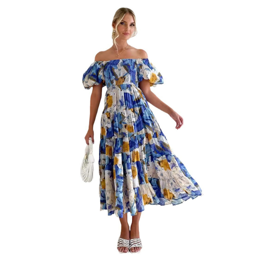 Dame Maxikjole med asymmetrisk snit og elastisk top Stilla