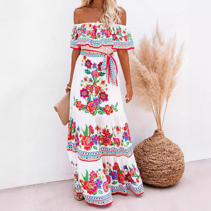 Dame Off-Shoulder Maxikjole med blomster mønstre og elastisk taljebælte Stilla