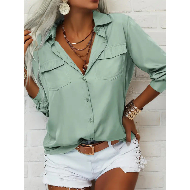 Dame elegant Button-Up Bluse med brystlommer og rullekrave Stilla