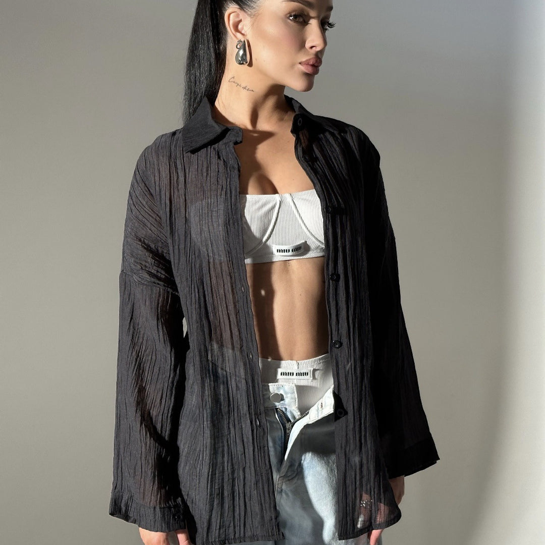 Dame Løs Chiffon Bluse med bred pasform og knapdetaljer Stilla