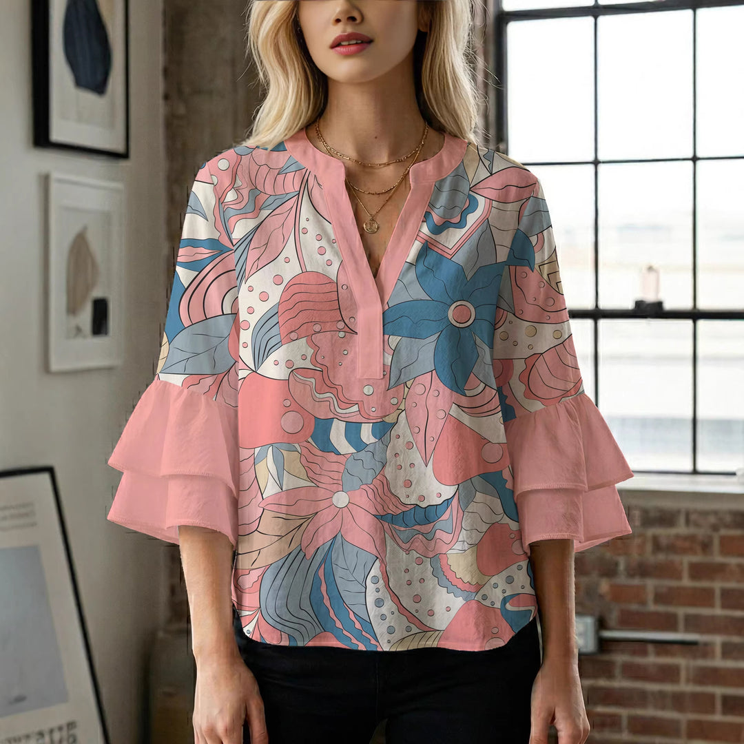 Dame elegant top med voluminøse flæsekanter og blomsterdesign Skovae