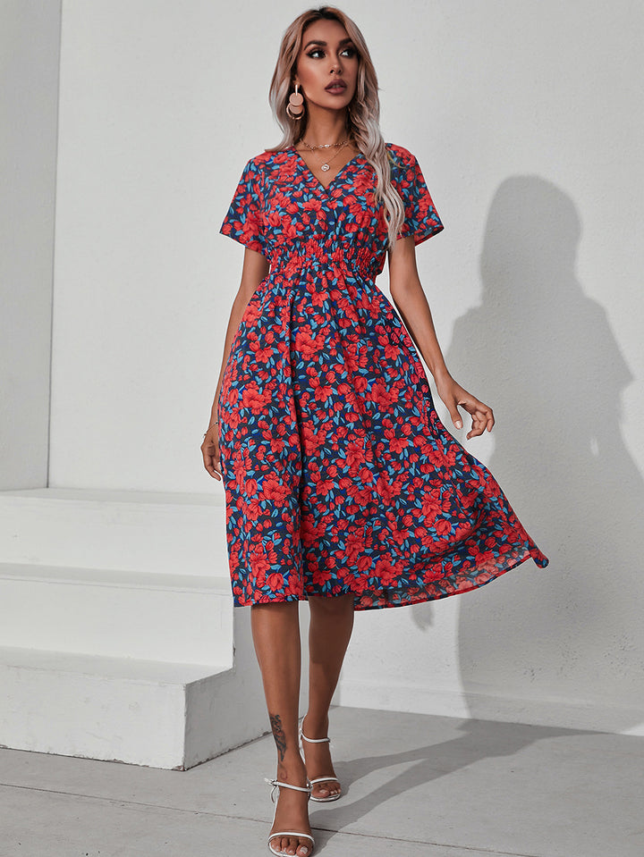 Dame Floral Print Smocked Waist Wickelkjole Stilla