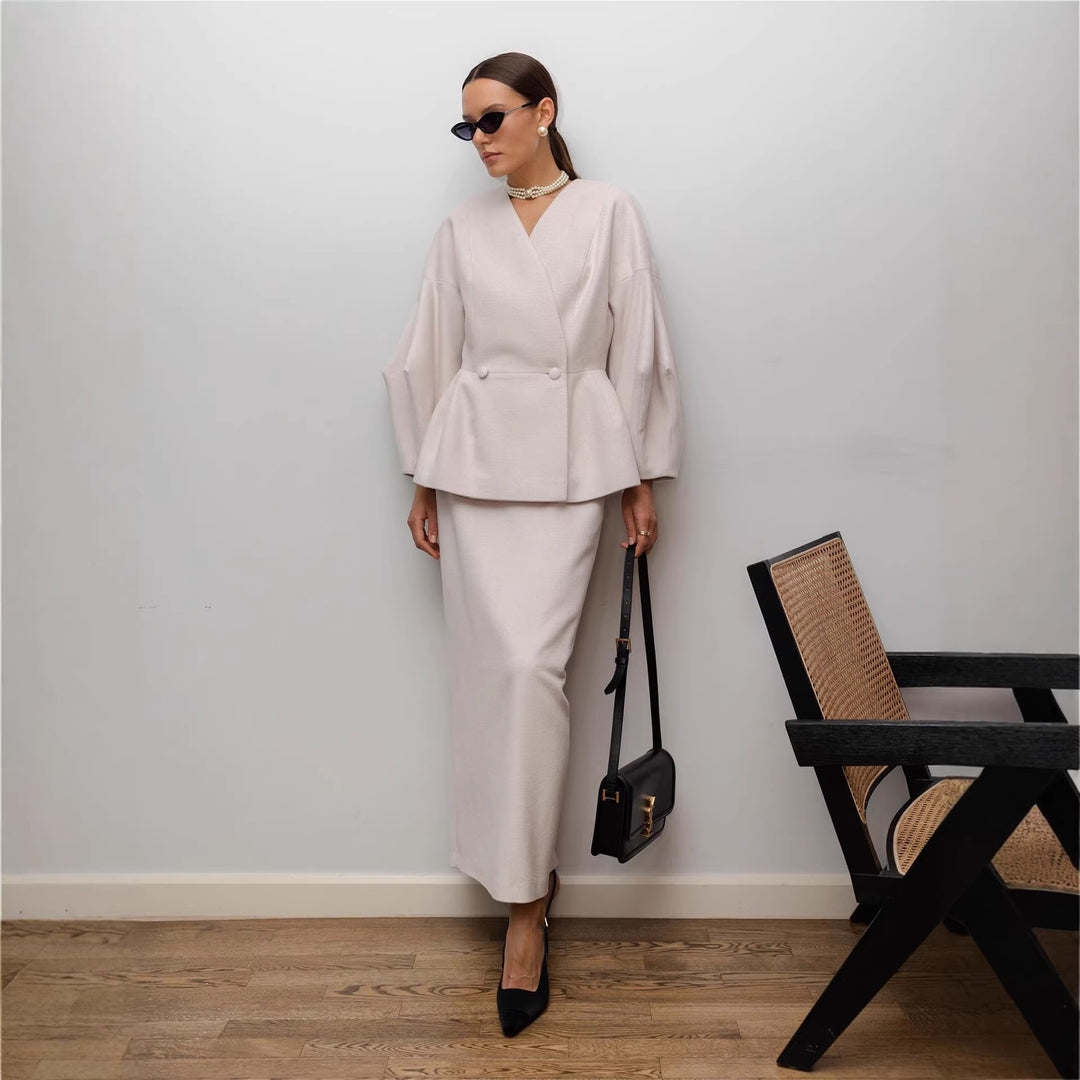 Dame elegante blyantskjoler med chic blazer top og puff ærmer Skovae
