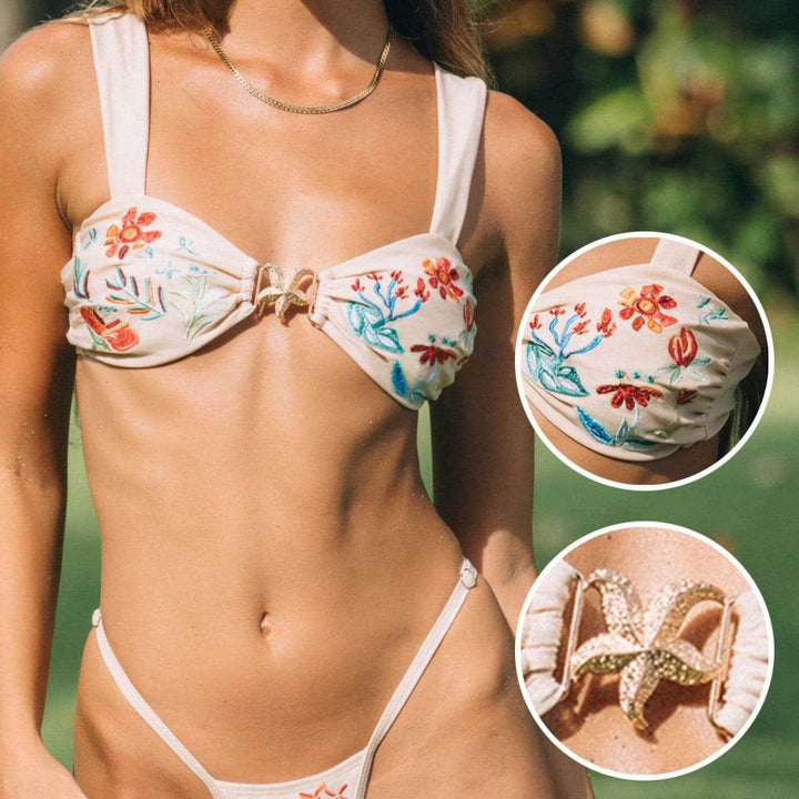 Dame bikini med florale broderier og elegant knude Skovae