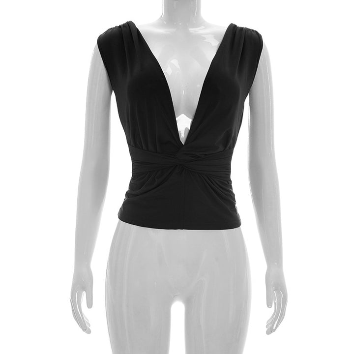 Dame wrap-top med dyb V-udskæring og elegant knudedetalje Skovae