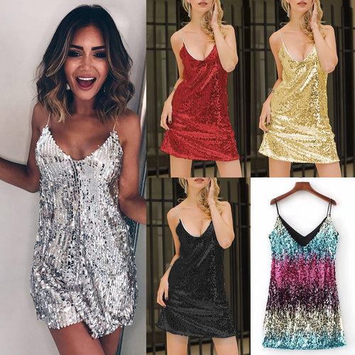 Damepailletten kjole med dyb udskæring og spaghetti stropper Stilla