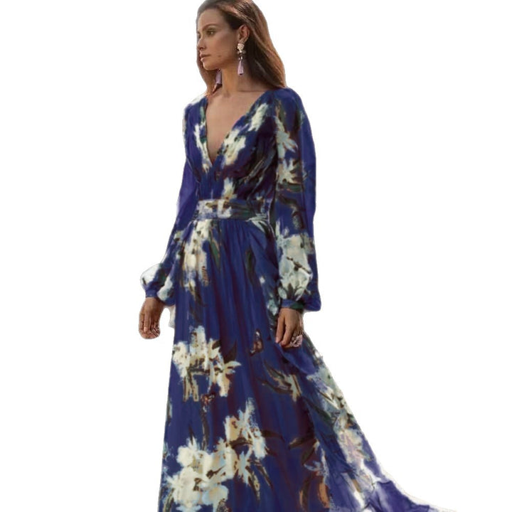 Dame Boho Maxi-Kjole med dyb V-udskæring og elegante puffærmer Stilla