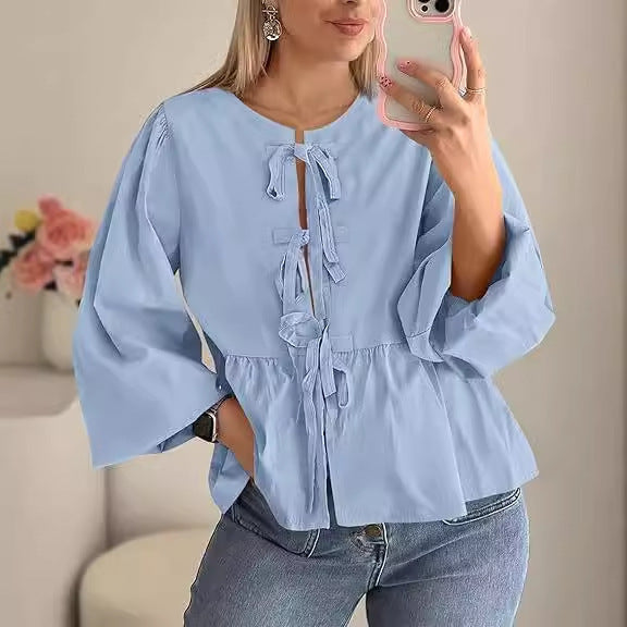 Dame Puffærmet Bluse med Leopardmønster og elegant nøgleåbning Stilla