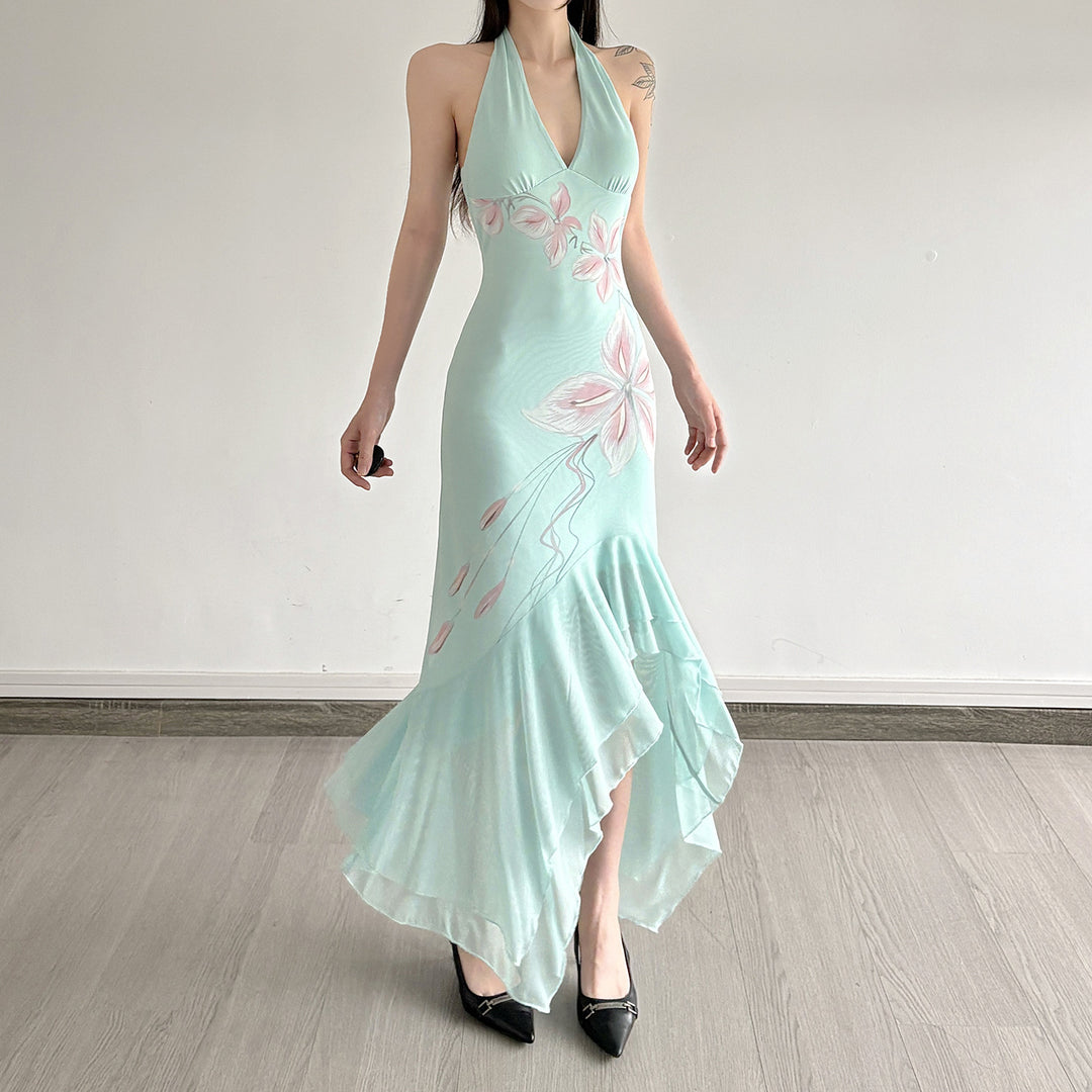 Dame Elegant Maxikjole med floral design og asymmetrisk kant Skovae