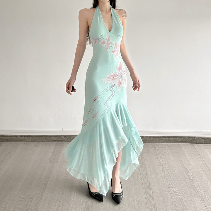 Dame Elegant Maxikjole med floral design og asymmetrisk kant Skovae