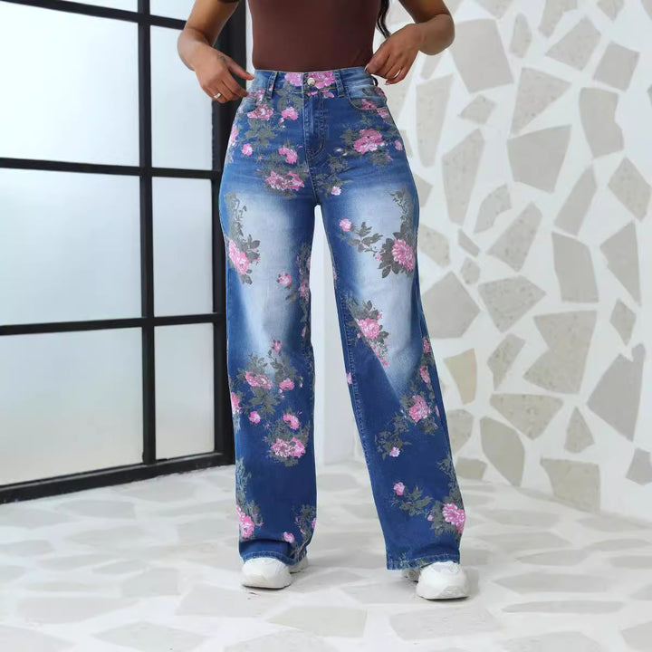 Dame bredtsnit jeans med blomsterprint Stilla