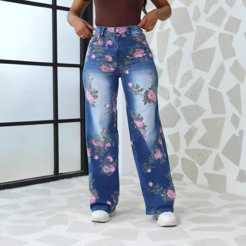 Dame bredtsnit jeans med blomsterprint Stilla