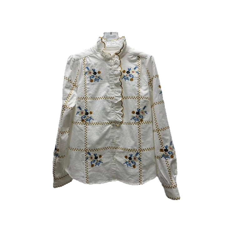 Dame elegant bluse med markante broderier og flæsekant Stilla