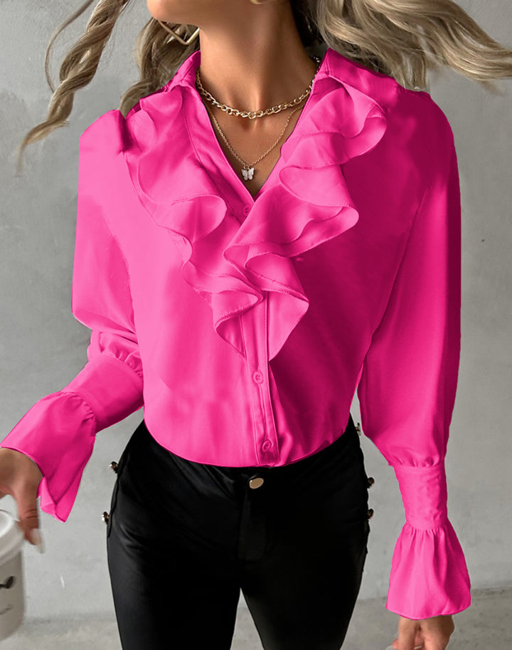 Dame elegant bluse med flæsedetaljer og voluminøse ærmer Stilla