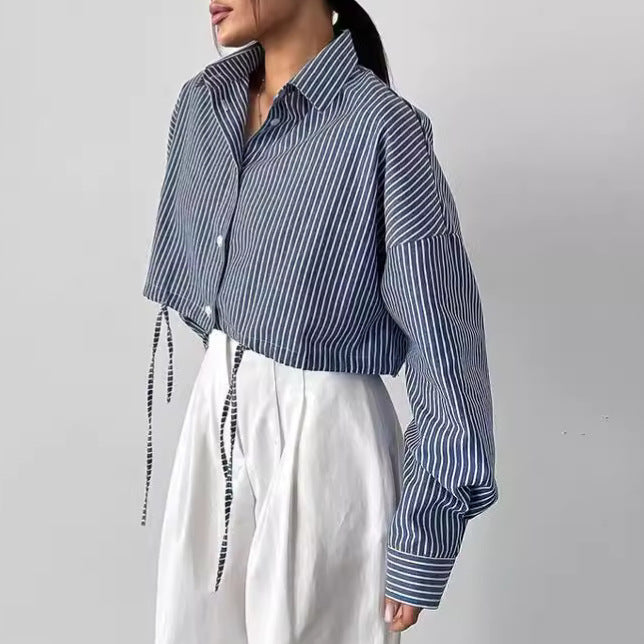 Dame Cropped Skjorte med Striber og Bindebånd Stilla