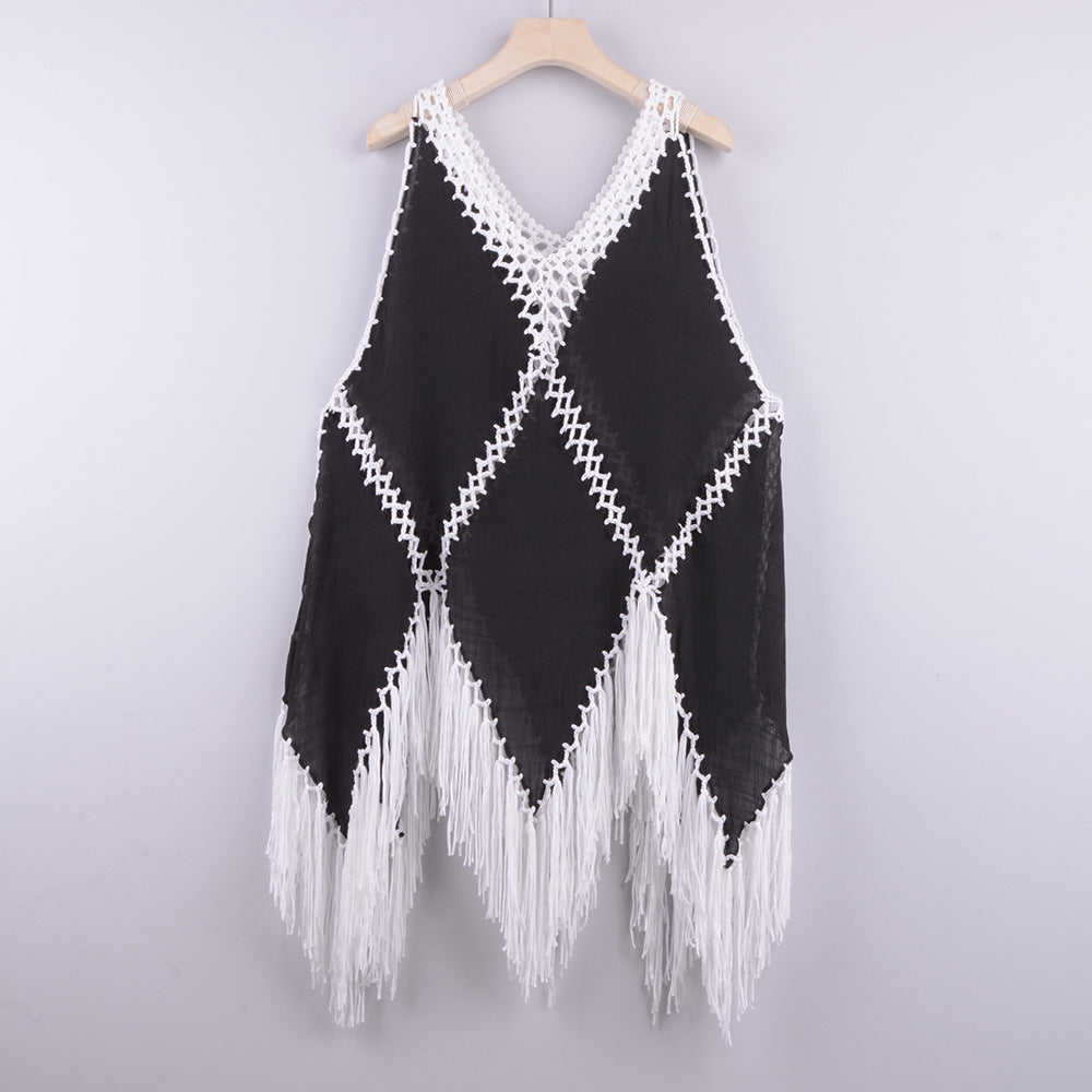 Dame Strandlinned Poncho med frynser og hækledetaljer Stilla