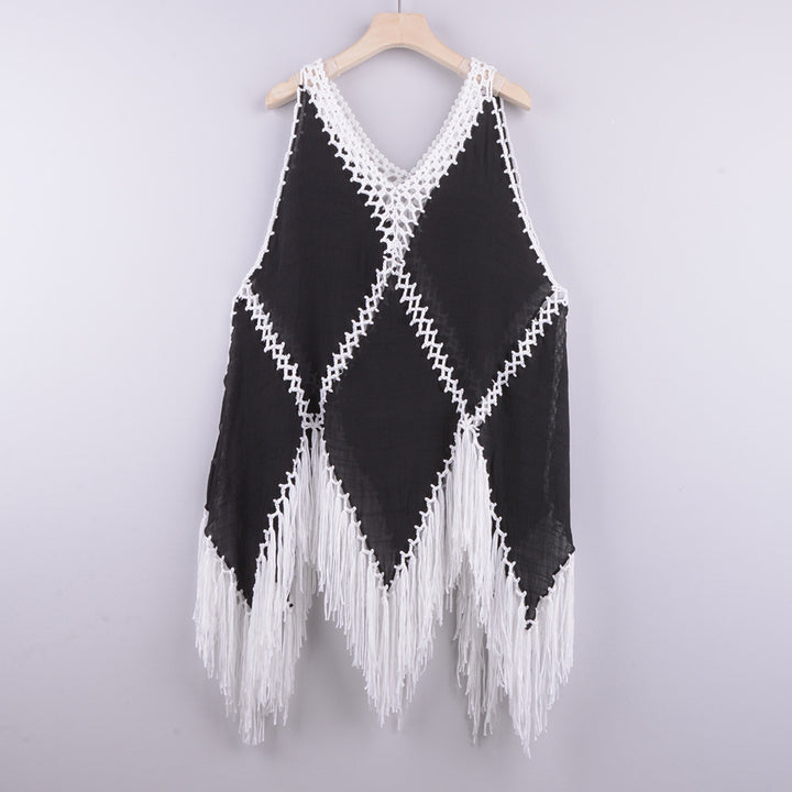Dame Strandlinned Poncho med frynser og hækledetaljer Stilla
