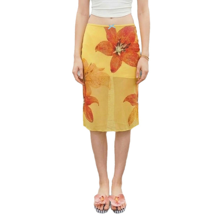 Damer midi-nederdel med blomster chiffon og elastisk linning Skovae