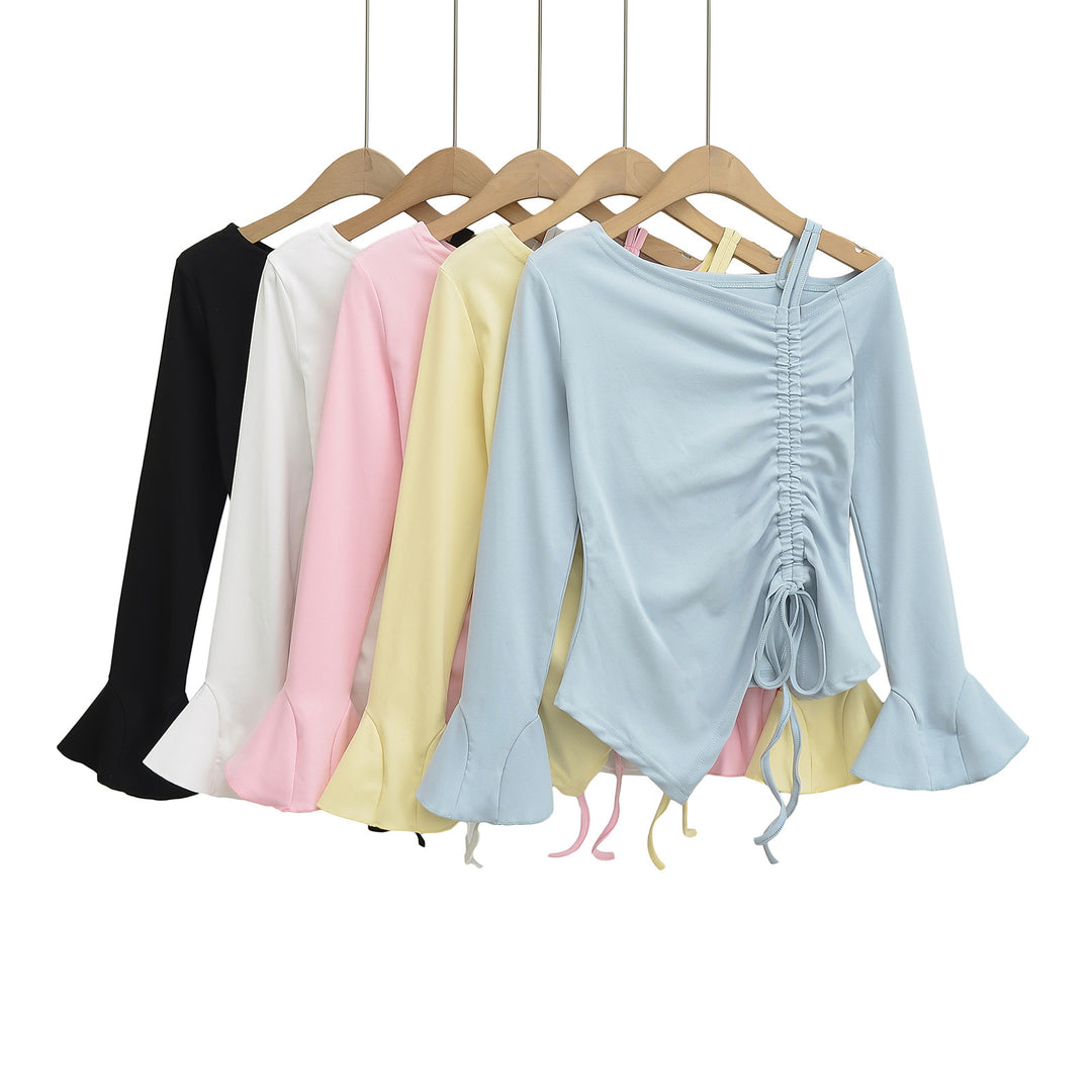 Dame asymmetrisk langærmet overtøj med elegant draperet design og fashionable ruffle detaljer Stilla