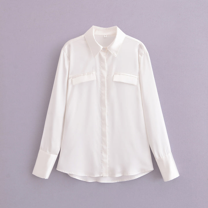 Dame Langærmet Satin Button-Up Skjorte med Lommer-Detalje Stilla