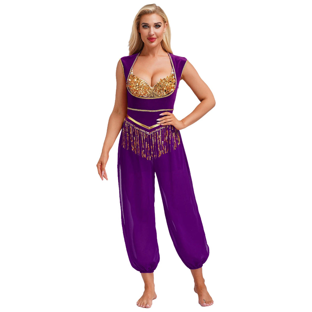 Dame kostume-jumpsuit med glitrende overdel og afslappet bukser Skovae