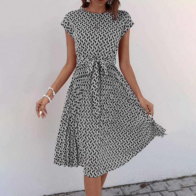 Dame Floral Print Midi Kjole med justerbar Talje Snor Stilla
