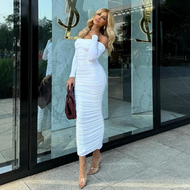 Dame figursyet Maxi-kjole med Off-Shoulder design og rynk Stilla