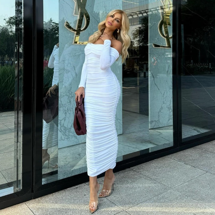 Dame figursyet Maxi-kjole med Off-Shoulder design og rynk Stilla