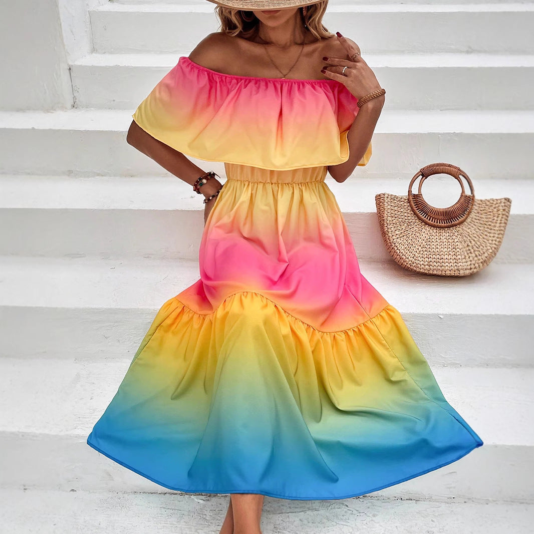Dame Off-Shoulder Midikjole med farvegradient og flæsedetaljer Stilla