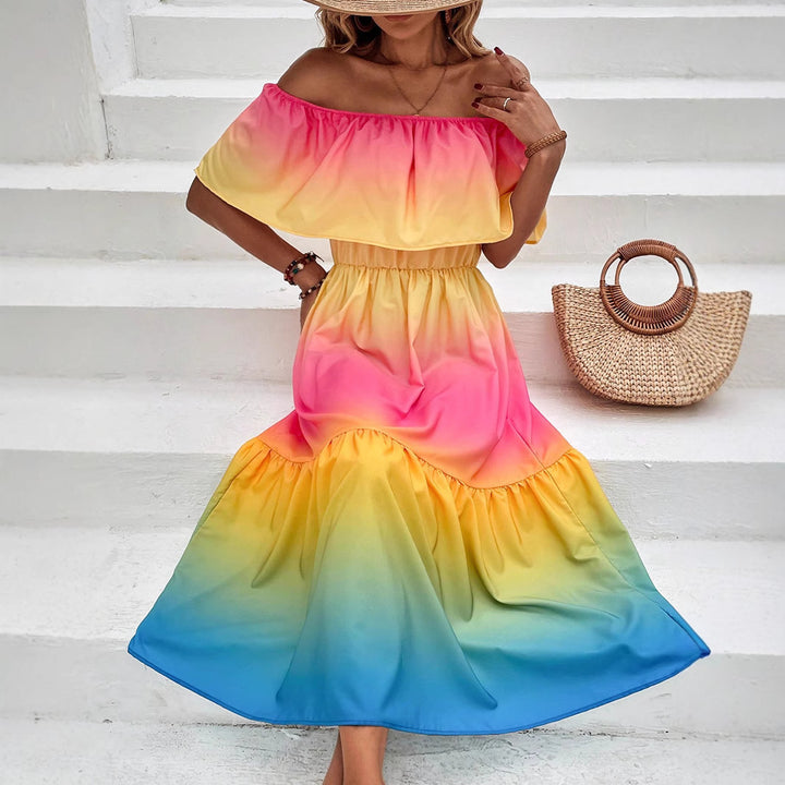 Dame Off-Shoulder Midikjole med farvegradient og flæsedetaljer Stilla