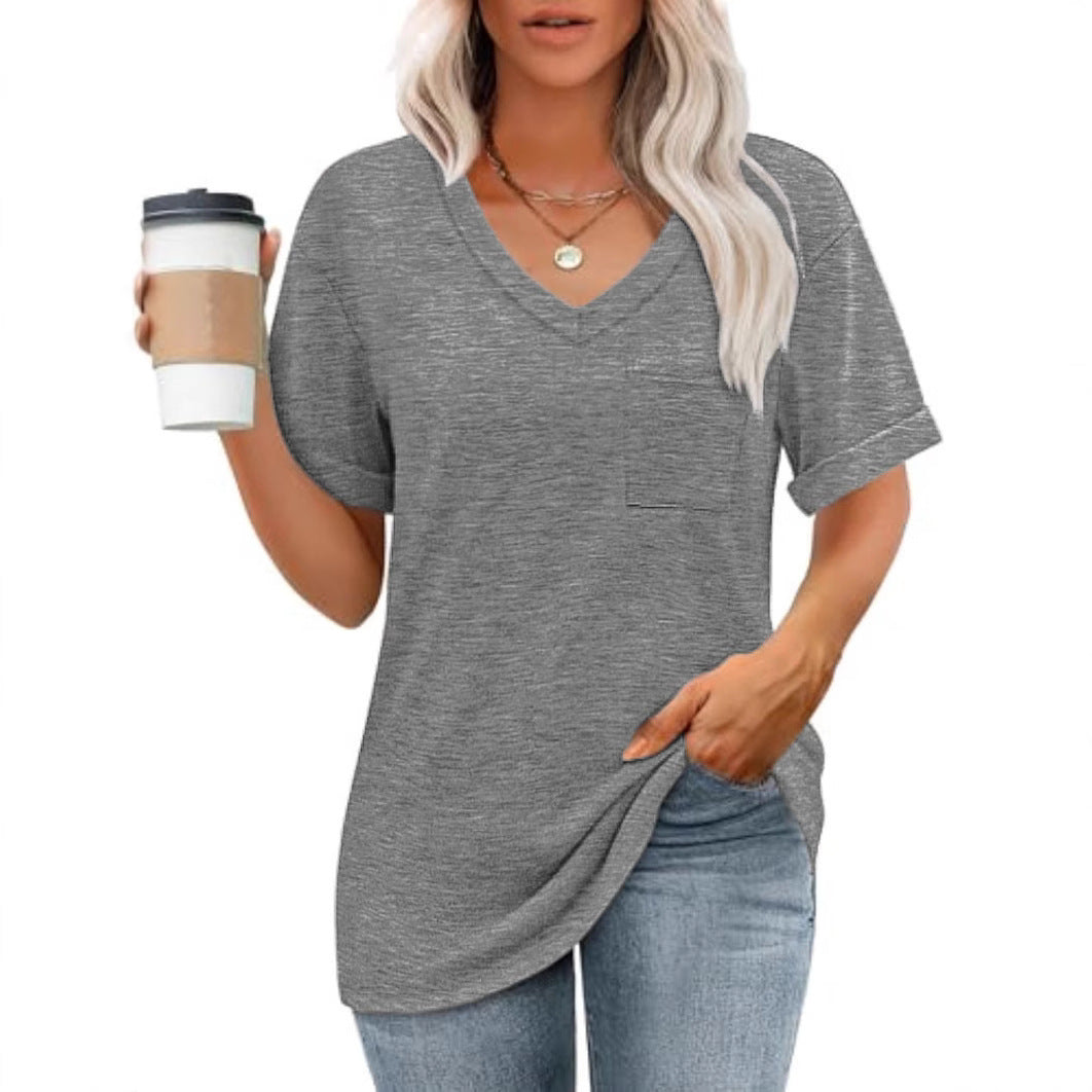 Dame V-hals T-shirt med brystlomme og afslappet snit Stilla