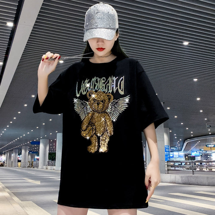 Dame T-shirt med glitrende bjørnemotiv og 3D-detaljer Stilla