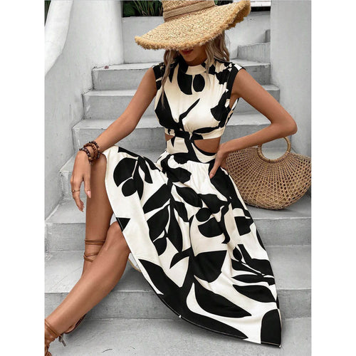 Dame Elegant Cut-Out Midi Kjole med Blomsterdesign Stilla