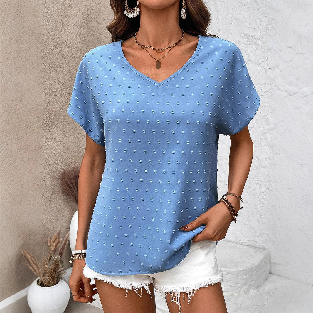 Dame V-hals kortærmet bluse med struktureret design Stilla