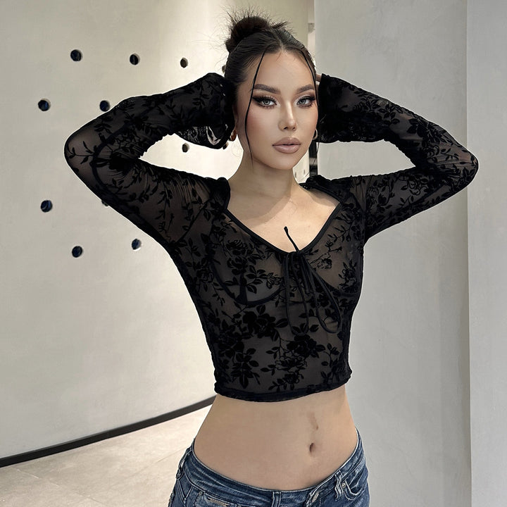 Dame Transparent Spids Langærmet Bluse med fine Blomster Mønstre Stilla