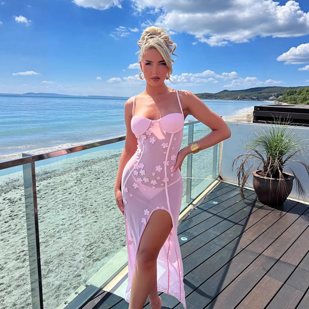 Dame Elegant Chiffon Kjole med floral Spids og høj Slids Skovae