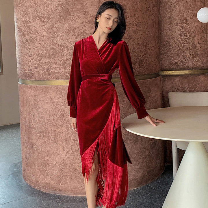 Dame elegant velour maxikjole med frynsede detaljer Stilla