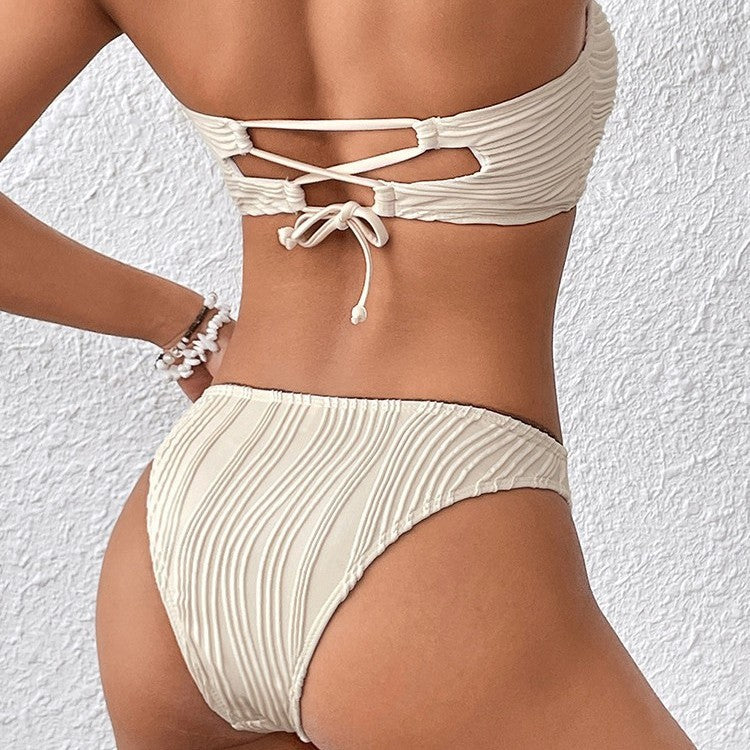 Dame Rynke Bandeau Bikini Sæt med Sløjfe Accenter Stilla