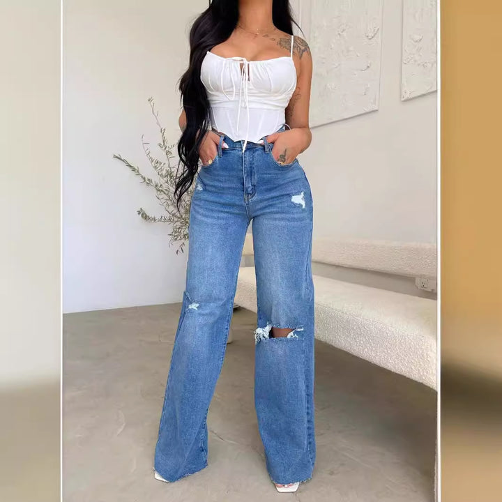 Dame brede jeans med slidte detaljer og høj talje Skovae