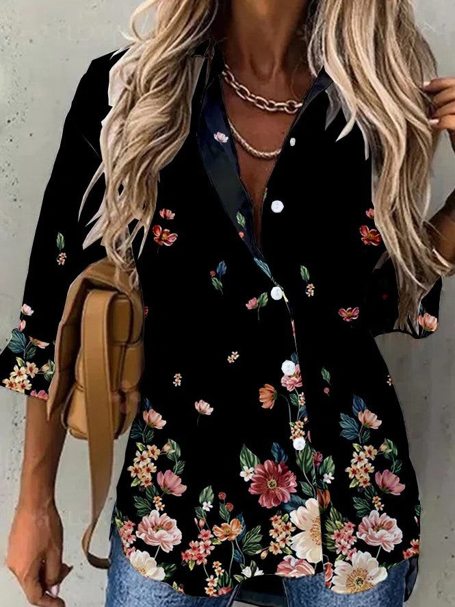 Dame bluse top med florale detaljer og elegant krave Stilla