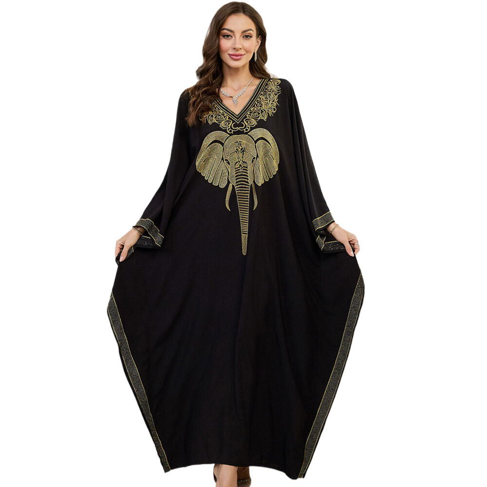 Dame Elegant Kaftan med kunstnerisk elefantbroderi og bredt svingende ærmer Stilla