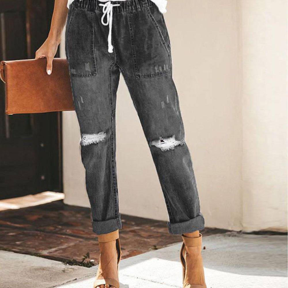 Dame Destroyed Jeans med elastisk talje og afslappet snit Stilla