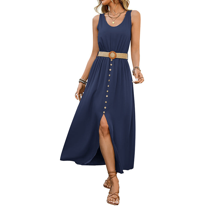 Damer Button-Up Maxi Kjole med høj split detalje Stilla