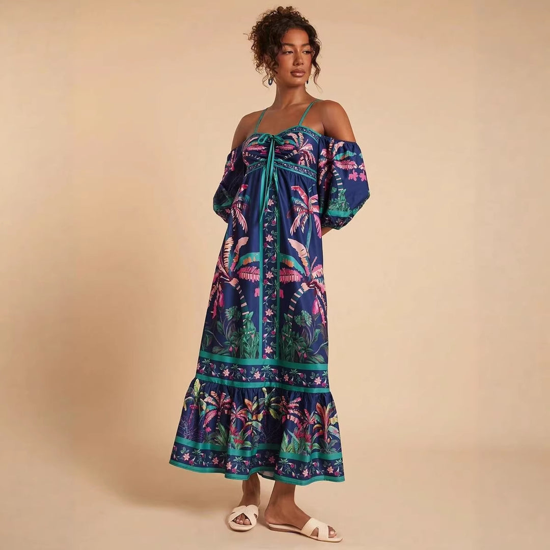 Kvinders maxikjole med off-shoulder design og tropisk print Skovae