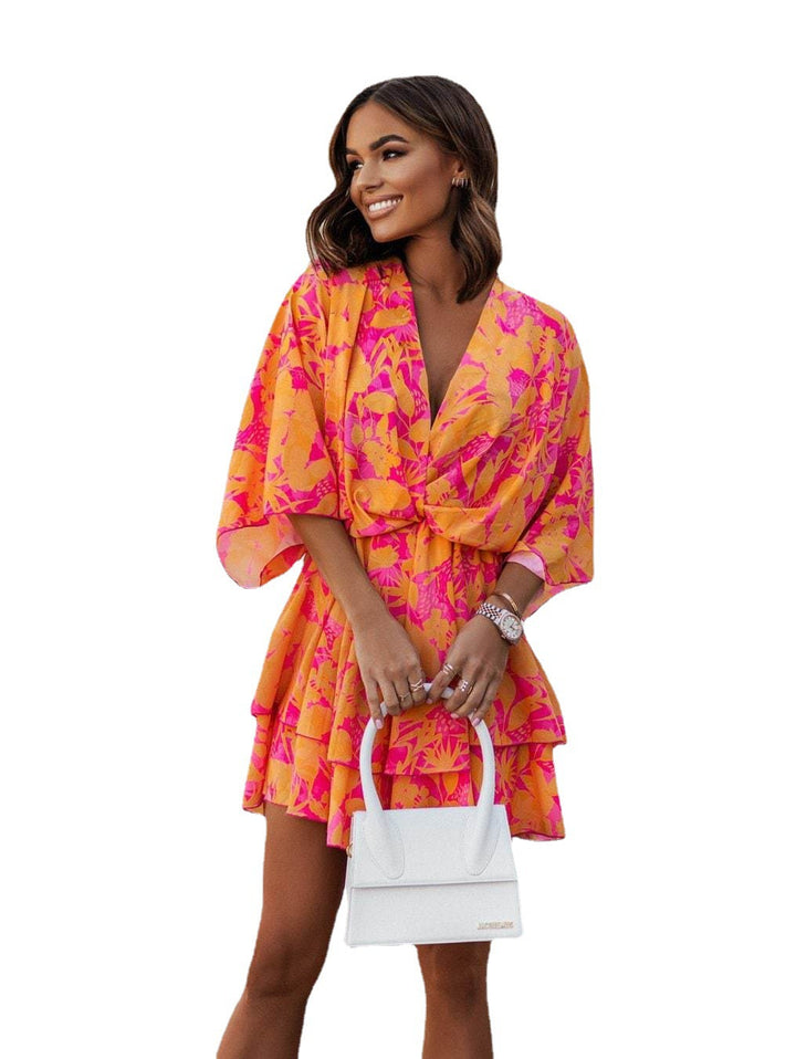 Dame Floral Rynket Mini Kjole med V-Udsnit Stilla