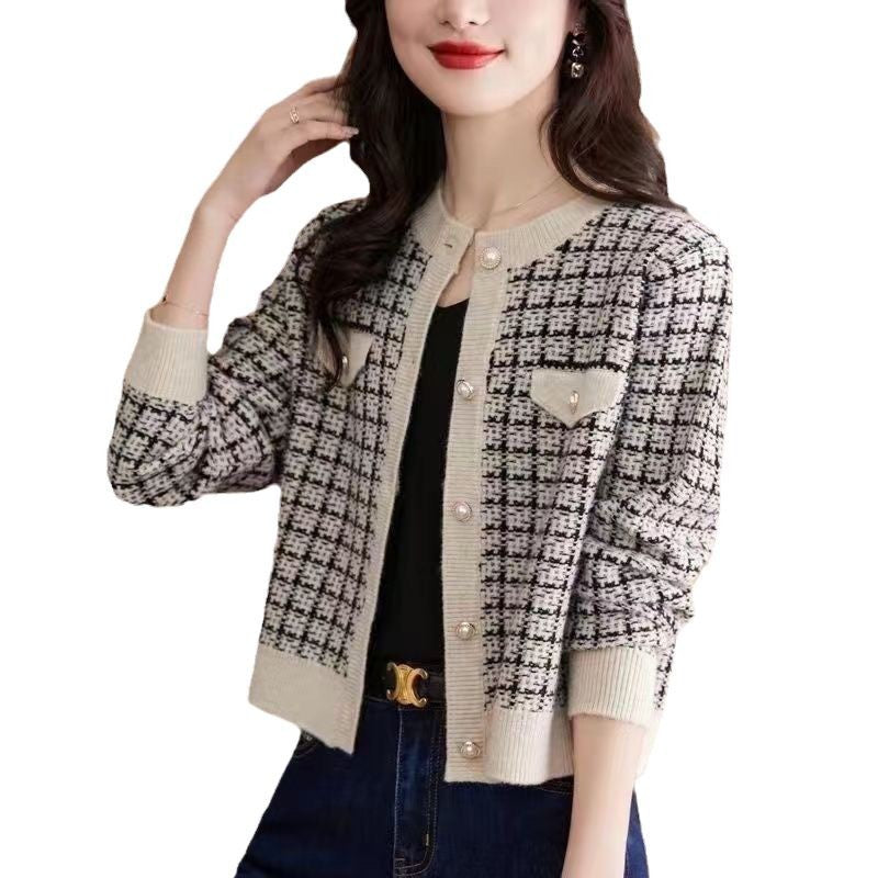 Kvinders klassiske cardigan med trendy ternet mønster Stilla