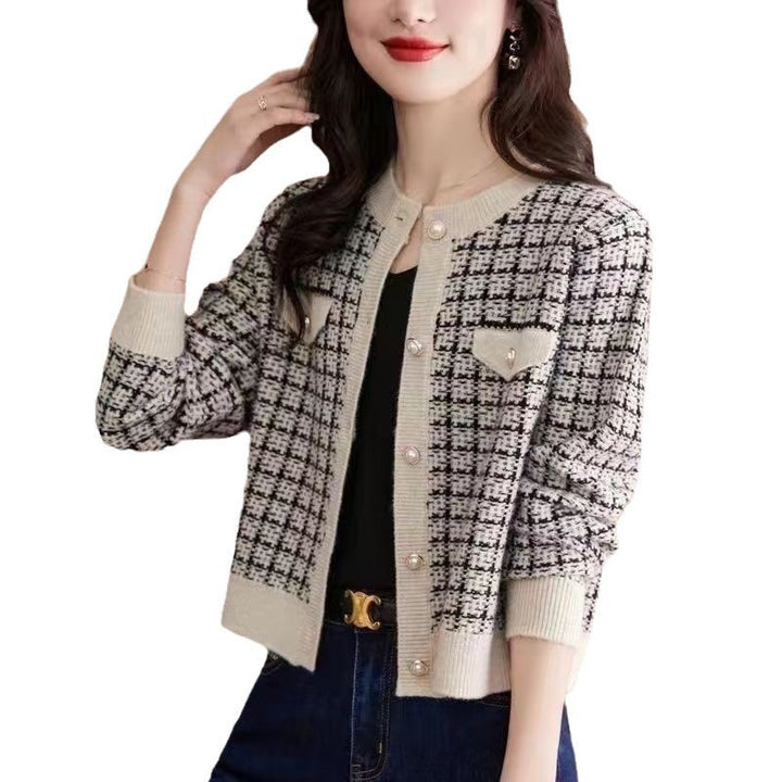 Kvinders klassiske cardigan med trendy ternet mønster Stilla