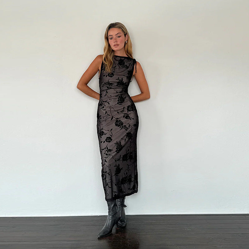 Damer Elegant Blomster Spids Midi Kjole Stilla