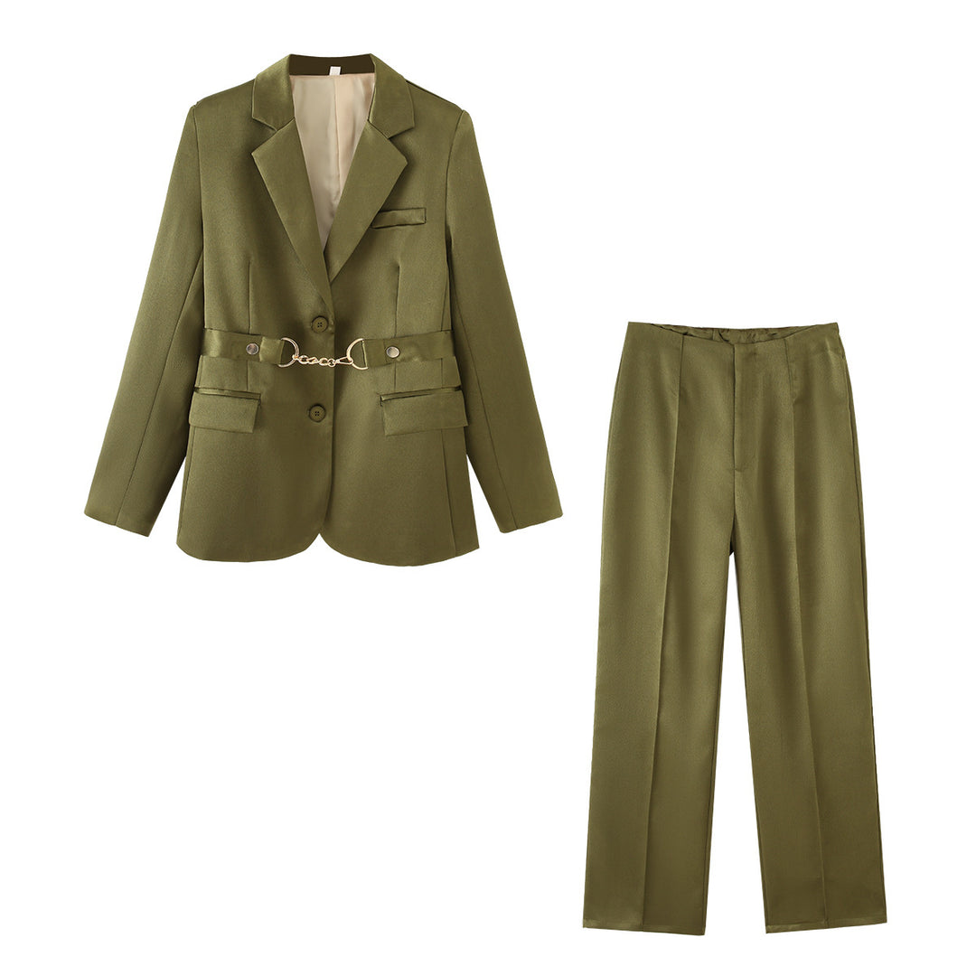 Dame elegant satin blazer sæt med kædeaccent Stilla