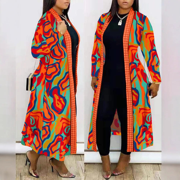 Dame lang Kaftan-jakke med abstrakt mønster og åben front Stilla